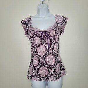 Trixxi pink purple babydoll geometric print cap sleeve feminine y2k vibe top Med